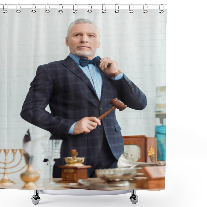 Personality  Selective Focus Of Handsome Auctioneer In Suit Holding Gavel During Auction Shower Curtains