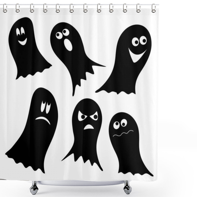 Personality  Set Of Black Ghosts Isolated On White Background For Halloween. Vector Illustration. Shower Curtains