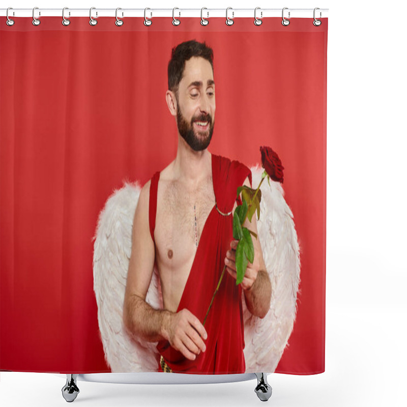 Personality  Cheerful Bearded Cupid Holding Fresh Rose On Red Backdrop, St Valentines Day Costume Party Shower Curtains