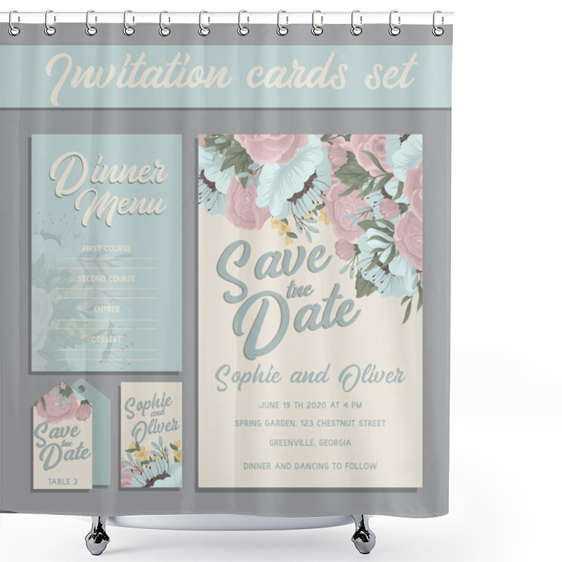 Personality  Set Of Card With Pink And Blue Flower - Wedding Ornament Concept. Shower Curtains