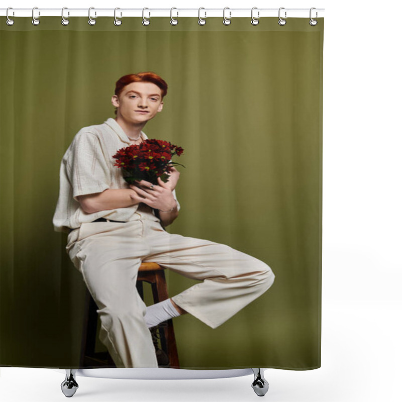 Personality  A Handsome Young Man Sits On A Stool, Gently Cradling A Bouquet Of Flowers, Exuding Emotions. Shower Curtains