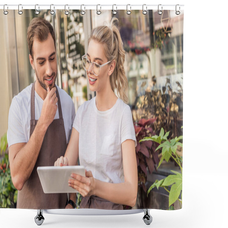 Personality  Smiling Florists Looking At Tablet Near Flower Shop Shower Curtains