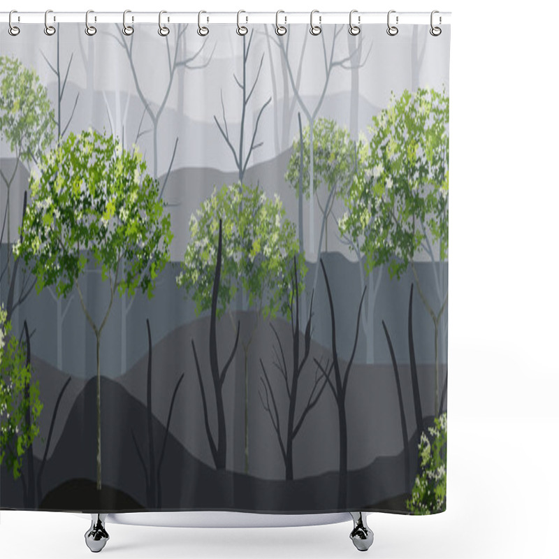 Personality  Dark Background Of Green Tree In Forest Fog Area. Silhouettes Of Dry Trees In Forest. Vector Illustration. Shower Curtains