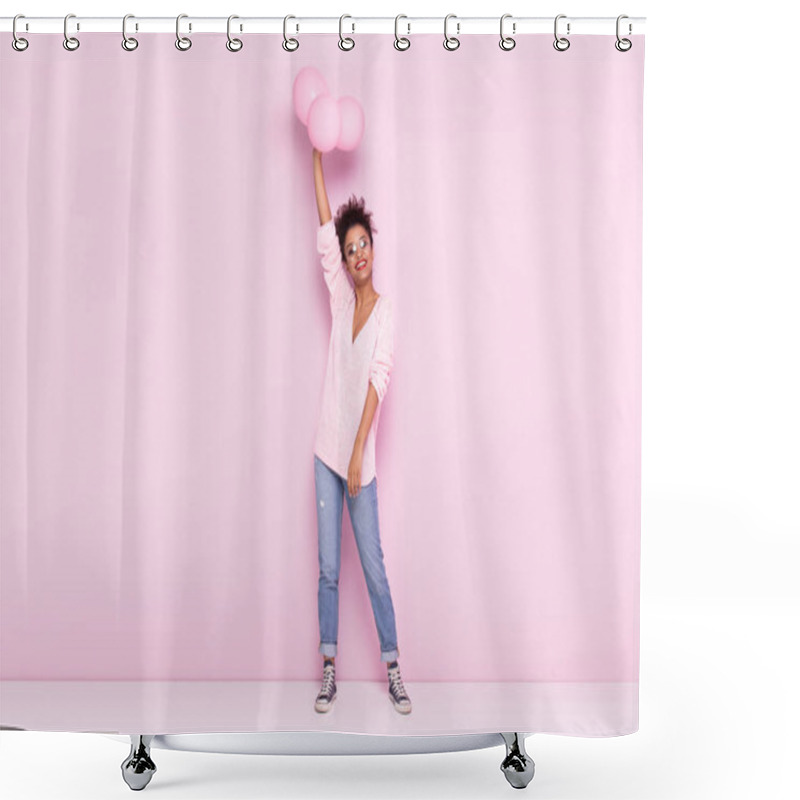 Personality  Happy Afro Girl With Amazing Smile Posing On Pink Background. Shower Curtains