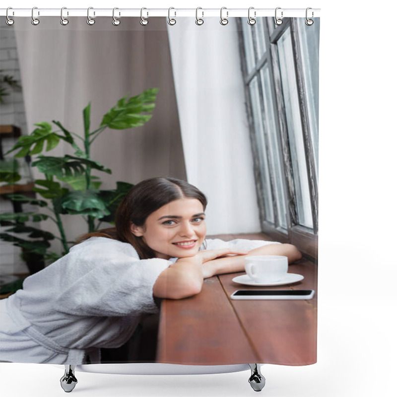 Personality  Dreamy Young Adult Woman Sitting Near Window And Looking At Camera With Head On Hands In Living Room Shower Curtains