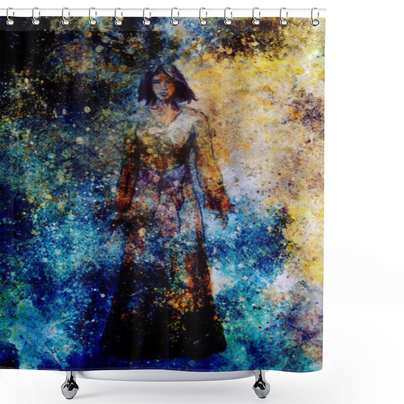 Personality  Painting Woman  On Structure Grunge Background. Copy Space. Shower Curtains