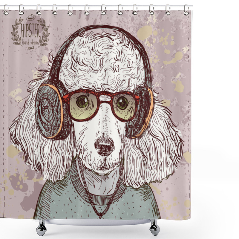 Personality  Vintage Illustration Of Hipster Poodle With Glasses, Headphones And Bow In Vector On Vintage Background Shower Curtains