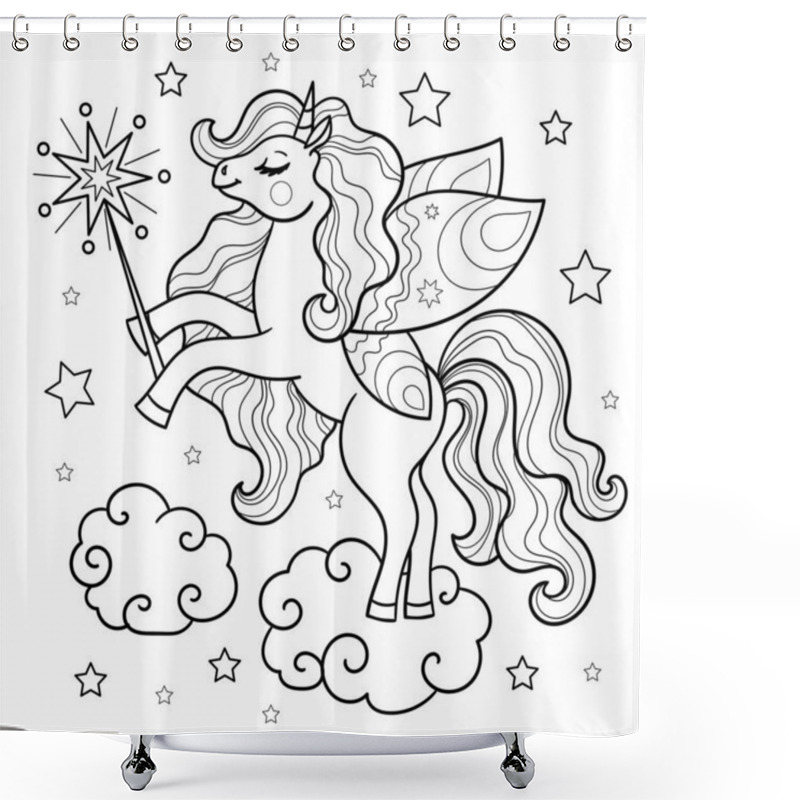 Personality  Cute Unicorn With A Magic Wand On A Cloud. Black And White Linear Drawing. For The Design Of Prints Frame Paint Books, Posters, Stickers, Cards, T-shirts, Cups And So On. Vector Shower Curtains