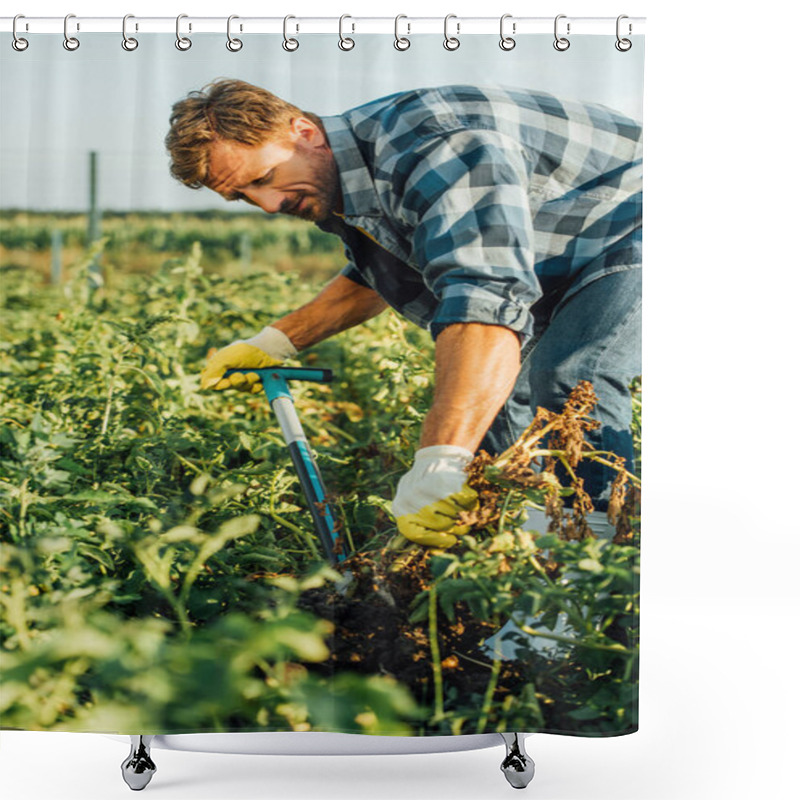 Personality  Selective Focus Of Farmer In Checkered Shirt Digging In Field Shower Curtains