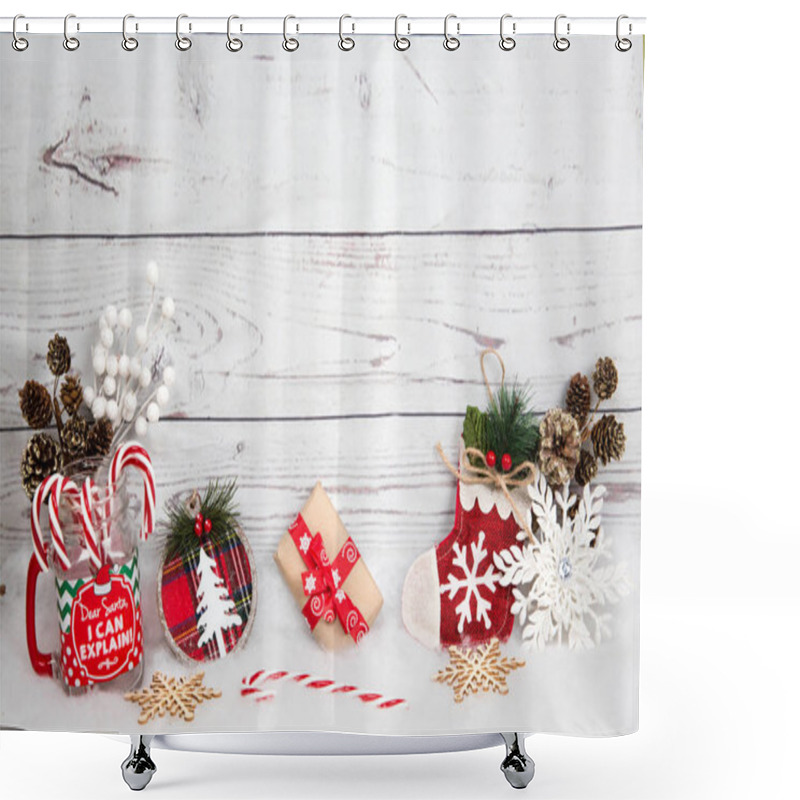 Personality  Christmas  Background With Decorations And Gift Box On White Wooden Board Shower Curtains