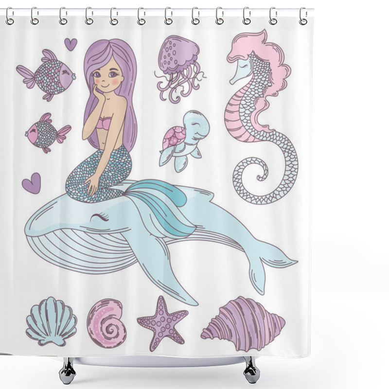 Personality  MERMAID FRIENDS Cartoon Travel Tropical Vector Illustration Set For Print, Fabric And Decoration. Shower Curtains