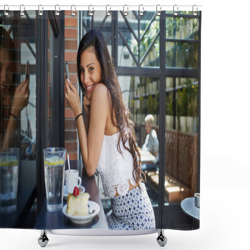 Personality  Smiling Woman Using The Mobile Phone Shower Curtains