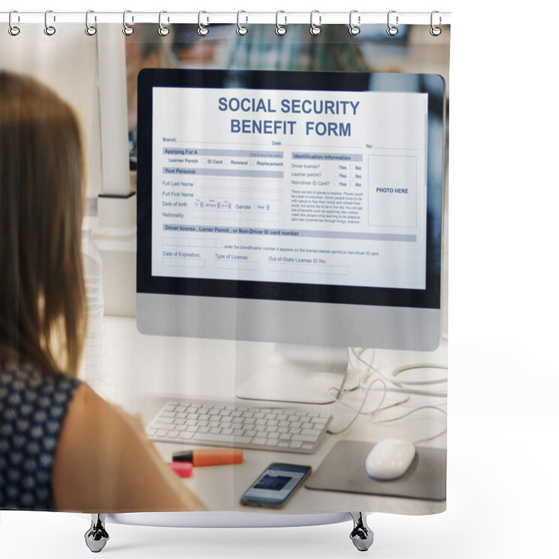 Personality  Woman Using Computer At Workplace Table Shower Curtains