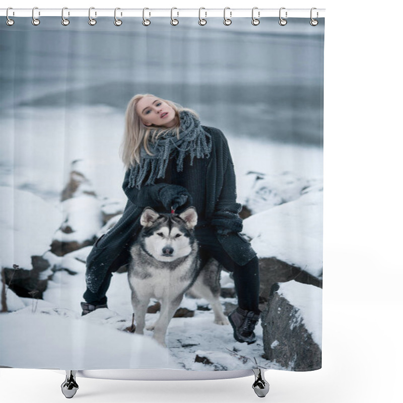 Personality  Girl With Dog Malamute Among Rocks In Winter. Shower Curtains