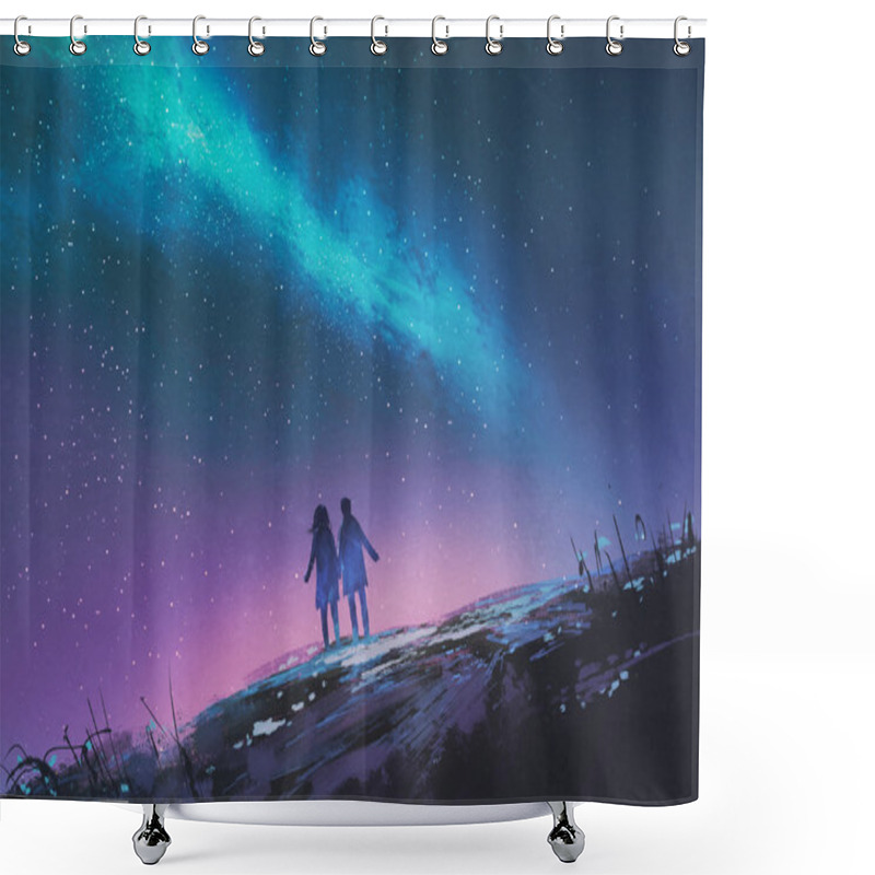 Personality  Young Couple Standing Holding Hands Against The Milky Way Galaxy Shower Curtains