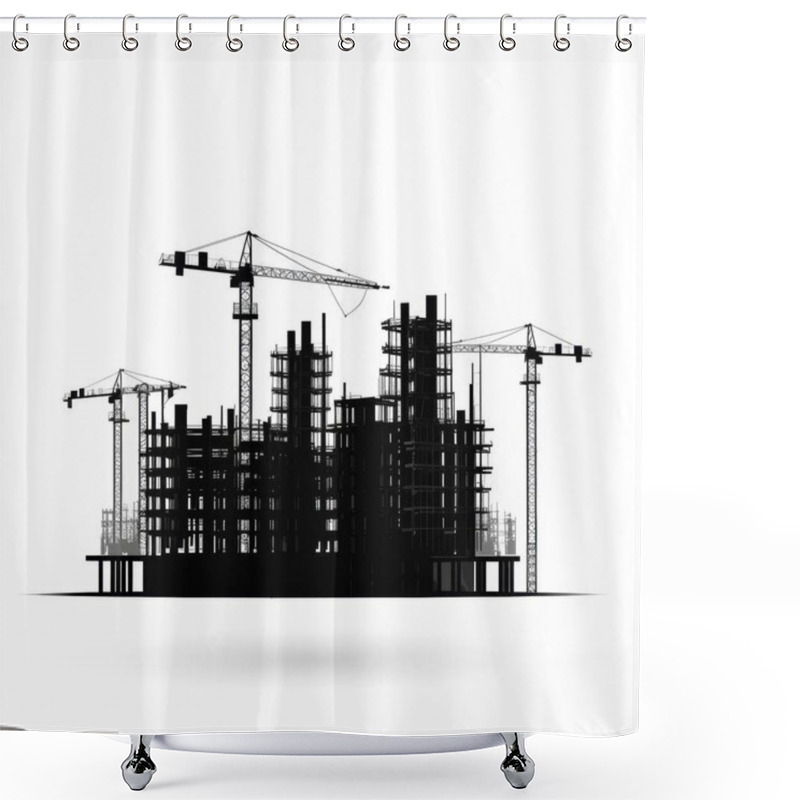 Personality  Silhouette Of A Construction Site With Cranes Against A White Background. Shower Curtains