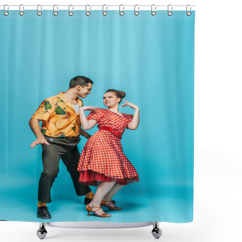 Personality  Cheerful Dancers Looking At Each Other While Dancing Boogie-woogie On Blue Background Shower Curtains