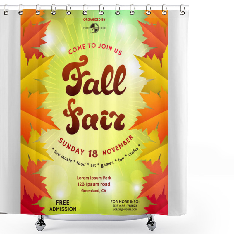 Personality  Fall Fair Poster Design. Template For Invitation. Customized Text And Abstract Maple Leaves. Bright Colorful Background With Shadows, Bokeh Effect And Shines. Vector Illustration. Shower Curtains