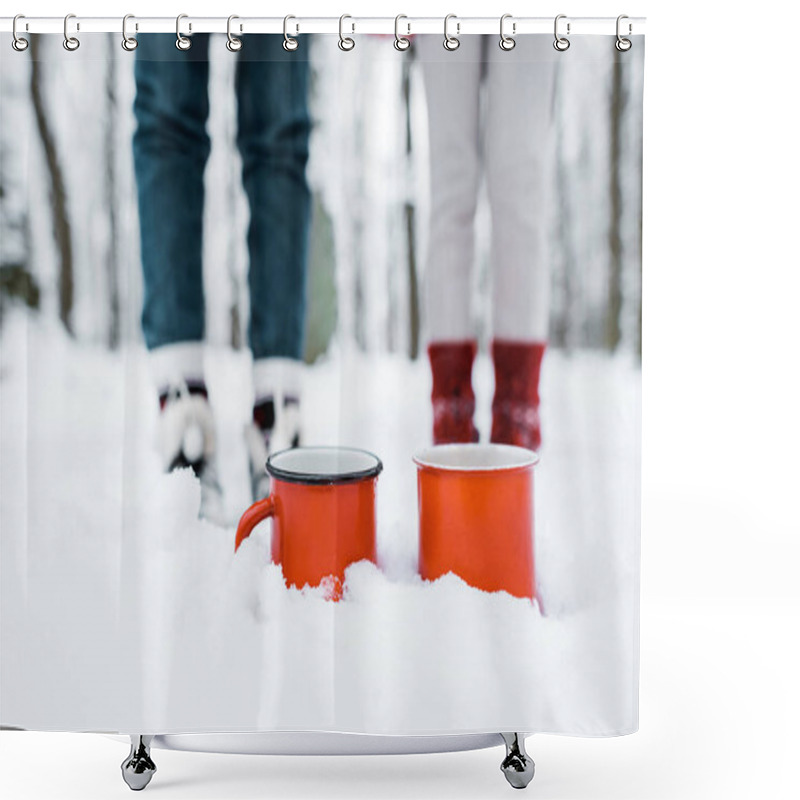 Personality  Cropped View Of Red Cups Of Tea Staying In Snow In Park In Snowy Forest Shower Curtains