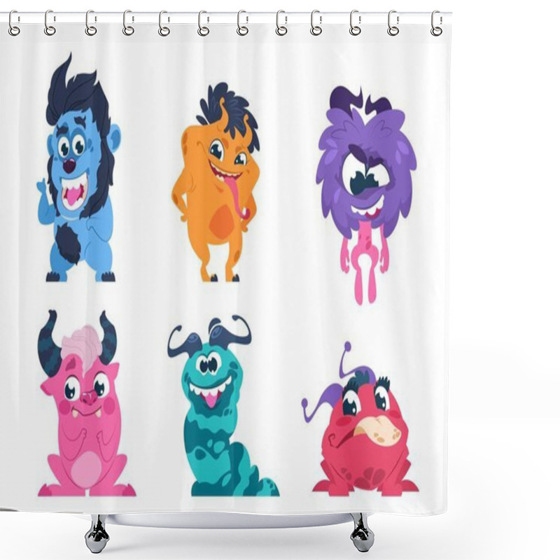 Personality  Cartoon Monsters. Funny And Scary Trolls Ghosts Goblins And Aliens With Cute Faces, Cute Isolated Characters. Vector Set Shower Curtains