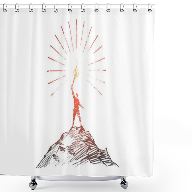 Personality  Hand Drawn Man On Top Of Hill With Shining Torch Shower Curtains