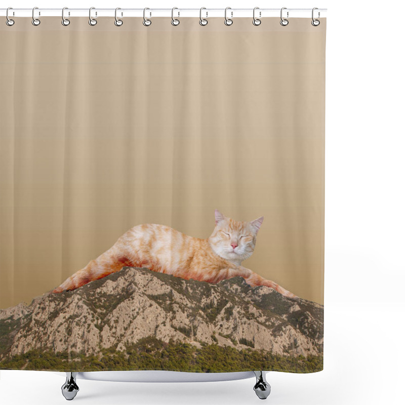 Personality  Beautiful Red Haired Cat In Image Of Mountain Over Yellow Sky Background. Travelling, Nature. Contemporary Art Collage. Concept Of Surrealism, Creativity, Animals, Imagination. Ad. Creative Design Shower Curtains