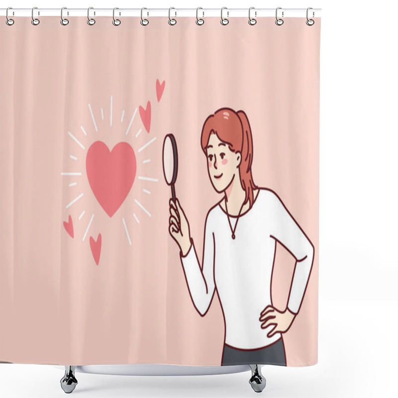 Personality  Woman Holding Magnifying Glass Looking At Heart Symbol. Happy Girl Looking For Love Or Relationships With Magnifier. Flat Vector Illustration.  Shower Curtains