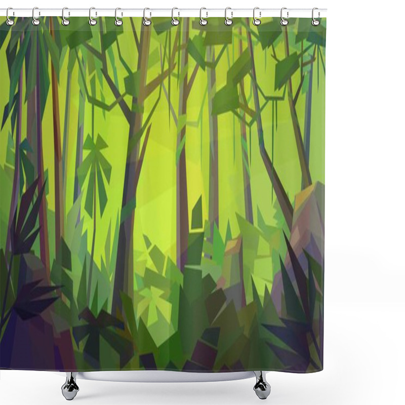 Personality  Low Poly Jungle Landscape, Fern, Tree, Palm, Dense Forest, Vine, Grass, Vector Illustration Shower Curtains