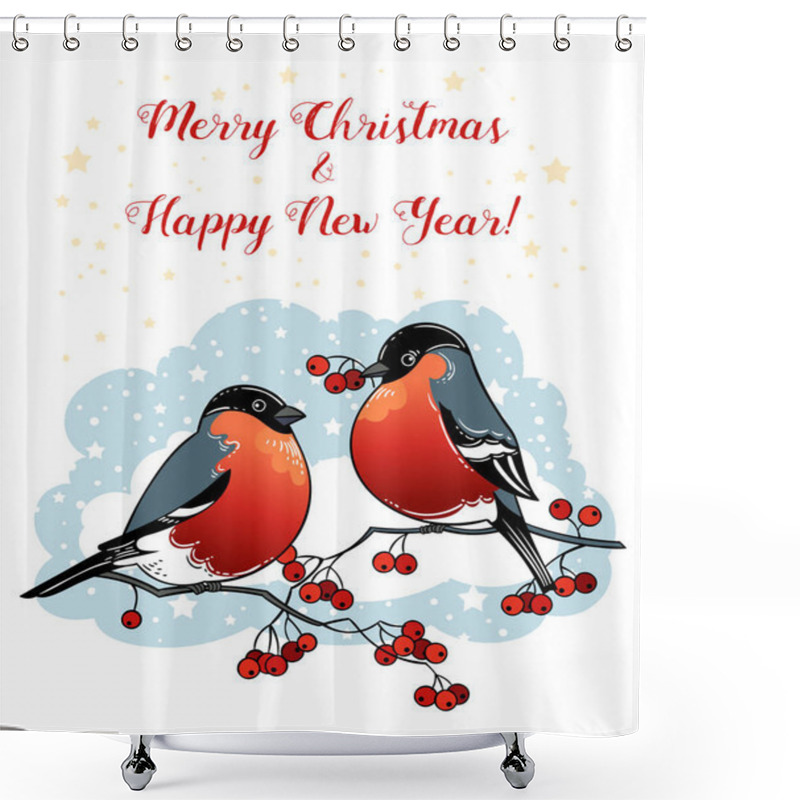 Personality  Vector Illustration Design Of Beautiful Hand Drawn Retro Christmas Card With Birds On Branch.  Shower Curtains