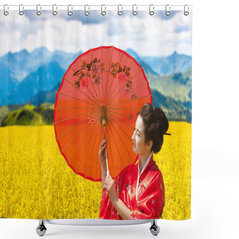 Personality  Asian Style Portrait Of A Woman With The Red Umbrella Shower Curtains