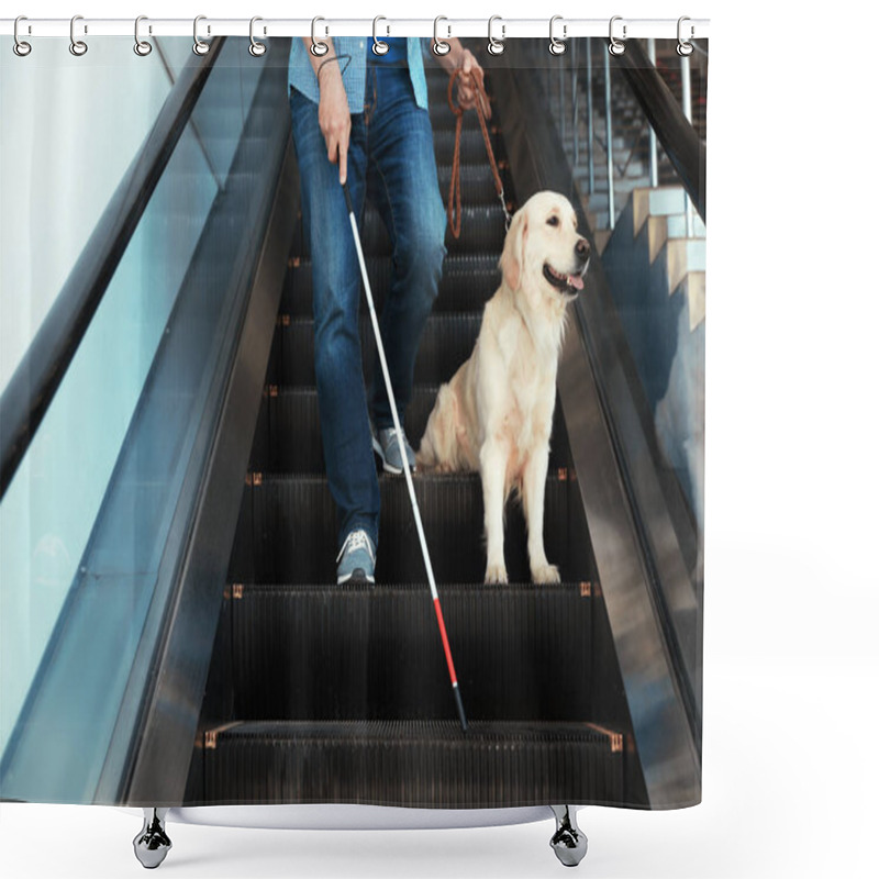 Personality  Blind Person With Long Cane And Guide Dog On Escalator Indoors Shower Curtains