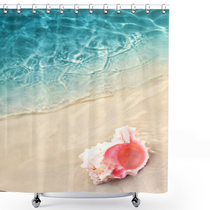 Personality  Seashell On The Summer Beach And Sea Water. Summer Background. Summer Time. Shower Curtains