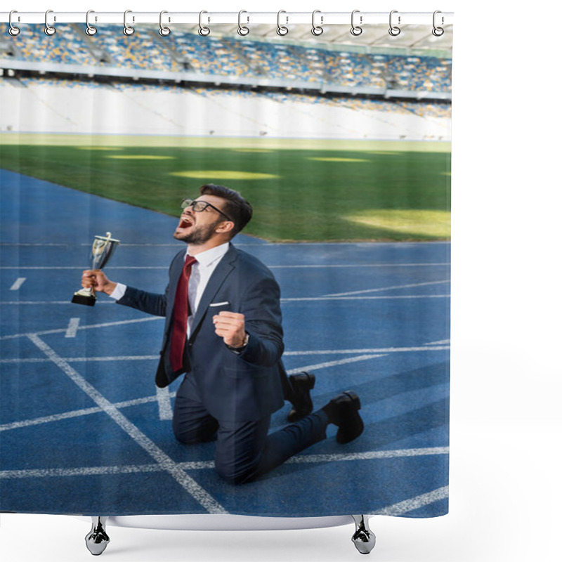 Personality  Young Businessman In Suit Standing On Knees On Running Track With Trophy And Scream At Stadium Shower Curtains