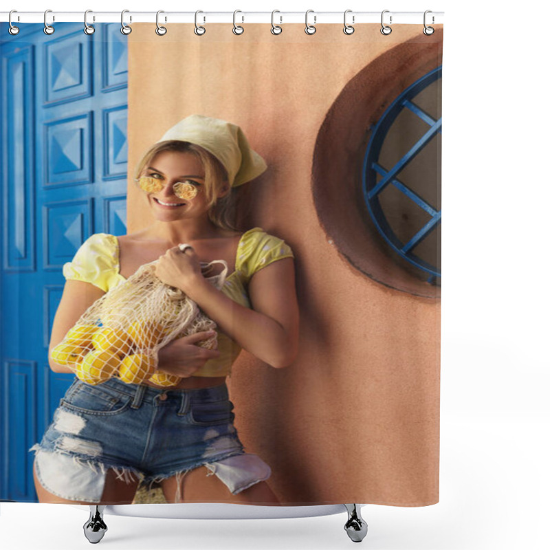 Personality  Portrait Of Young Beautiful Woman Holding Net Bag With A Lot Of Fresh Lemons Shower Curtains