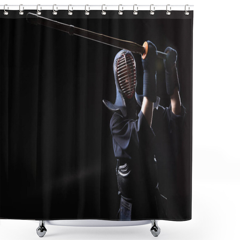 Personality  Kendo Fighter In Armor Practicing With Bamboo Sword On Black Shower Curtains