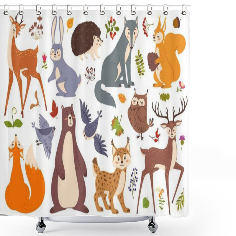 Personality  Forest Wildlife Animals And Birds, Cute Woodland Animal. Deer, Fox, Bear, Squirrel, Hedgehog, Wolf, Rabbit. Forest Leaves, Berries Vector Set Shower Curtains