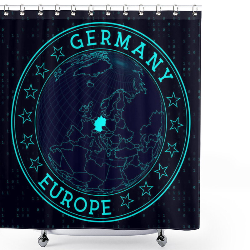 Personality  Germany Round Sign. Futuristic Satelite View Of The World Centered To Germany. Country Badge With Map, Round Text And Binary Background. Stylish Vector Illustration. Shower Curtains