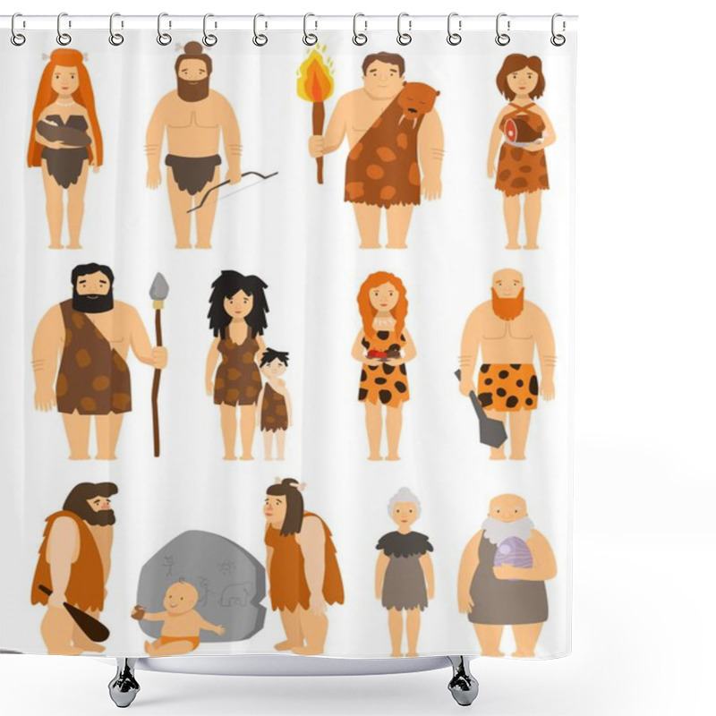 Personality  Cartoon Primitive People Character Set Vector Protoman Neanderthal Caveman Primeval Family Evolution Illustration Shower Curtains