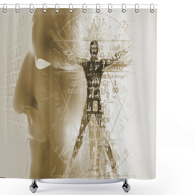 Personality  Vitruvian Man Expressive Stylized With Anonymous Mask. Futuristic Illustration Of Vitruvian Man With A Binary Codes And 3d Human Head. Shower Curtains