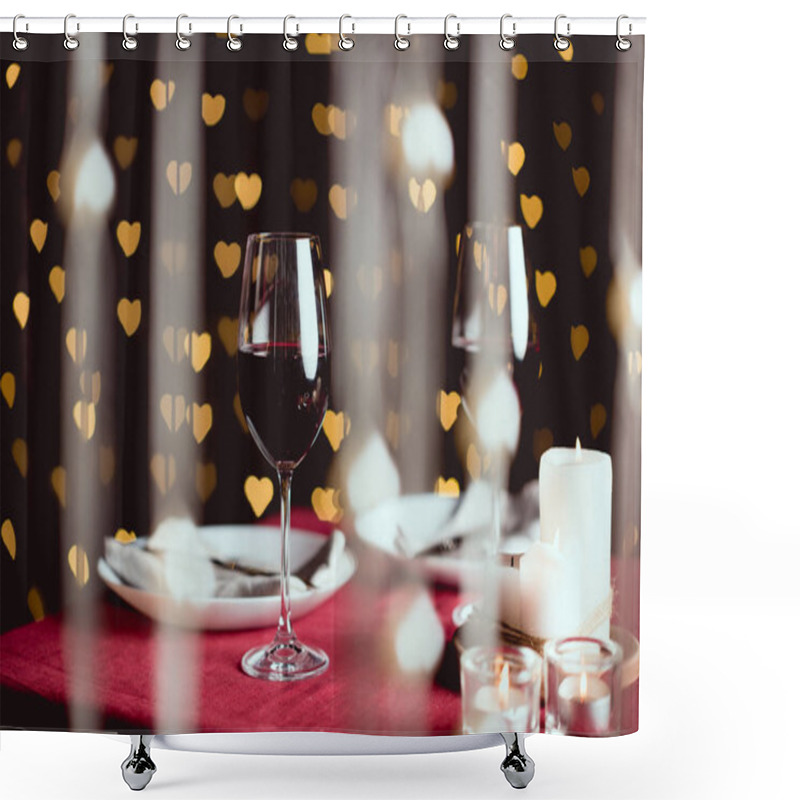 Personality  Selective Focus Of Red Wine Glasses With Heart Shaped Bokeh On Background Shower Curtains