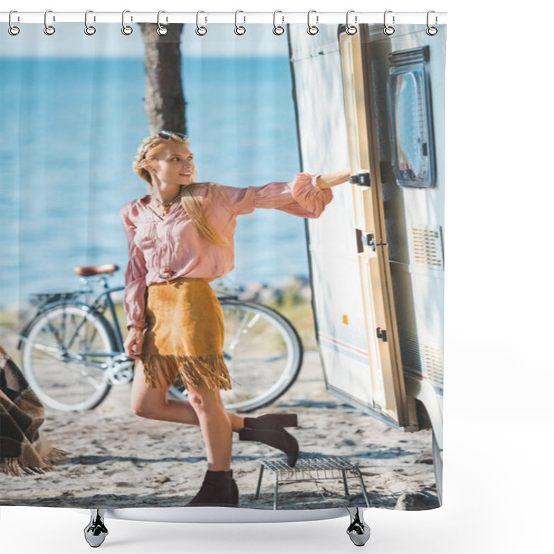 Personality  Beautiful Hippie Girl Standing Near Trailer With Bicycle Shower Curtains