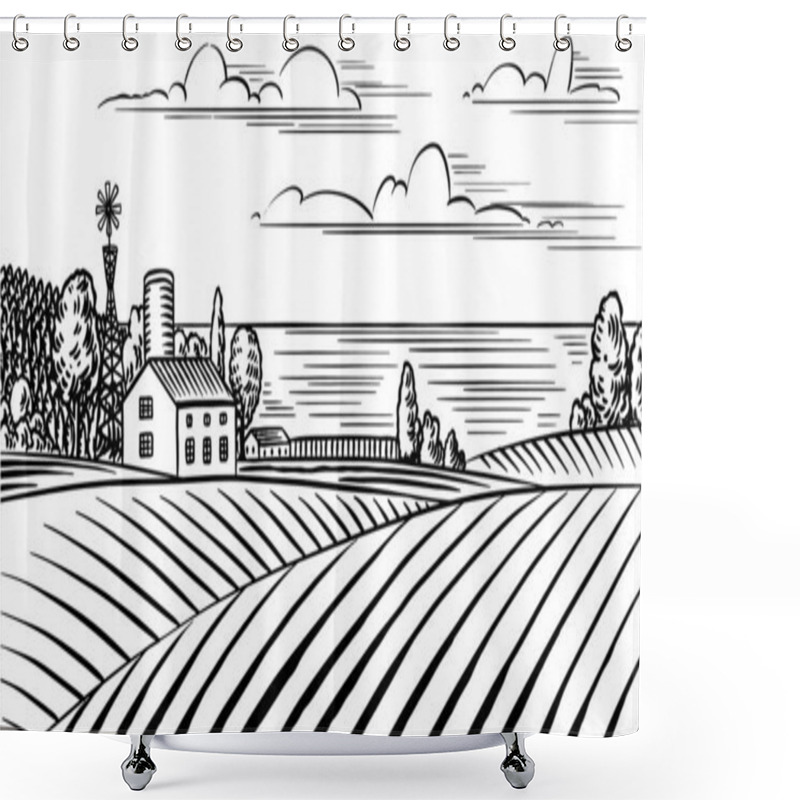 Personality  Rural Meadow. A Village Landscape With Hills And A Farm. Sunny Scenic Country View. Hand Drawn Engraved Sketch. Vintage Rustic Banner For Wooden Sign Or Badge Or Label. Shower Curtains