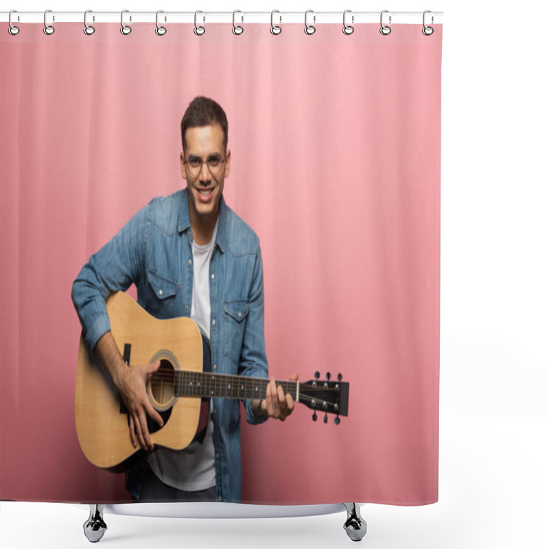 Personality  Young Man Smiling At Camera And Playing Acoustic Guitar On Pink Background Shower Curtains