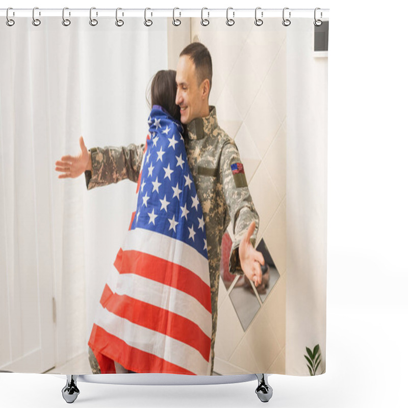 Personality  Portrait Of Happy American Family Father In Military Uniform And Cute Little Girl Daughter With Flag Of United States Hugging And Smiling At Camera Shower Curtains