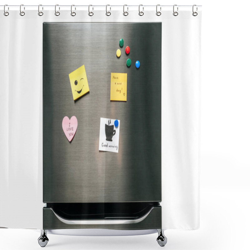 Personality  Notes With Wishes And Magnets Hanging On Fridge Isolated On White Shower Curtains