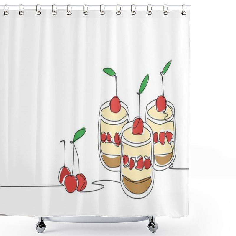 Personality  Single One Line Drawing 3 Cups Of Cherry Cheesecake. Ease Of Serving. Delicious Cake In Small Version. Delicious. Savory. National Cherry Cheesecake Day. Continuous Line Design Graphic Illustration Shower Curtains