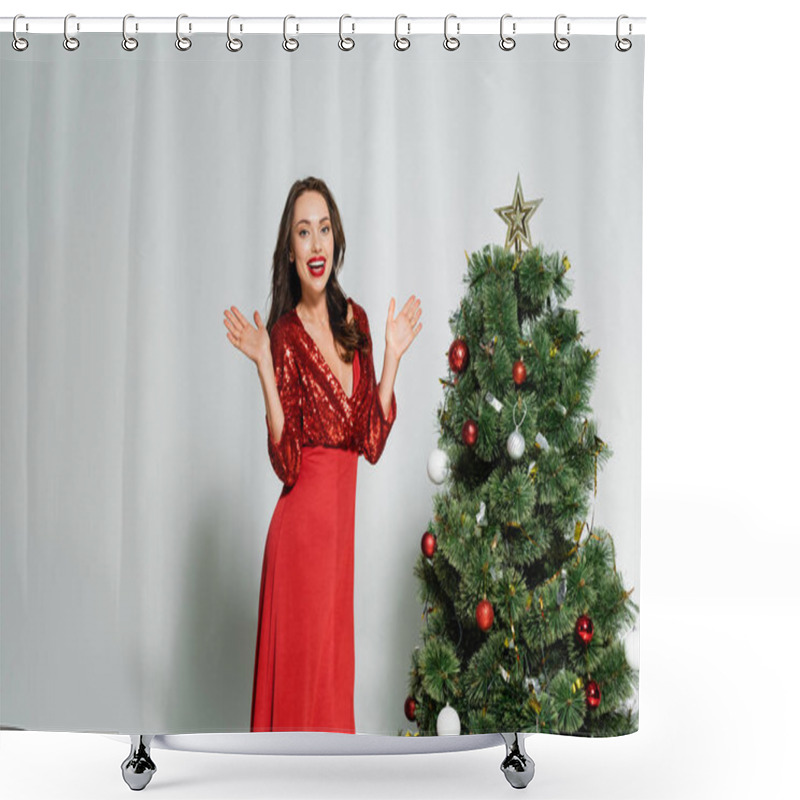 Personality  Happy Woman In Stylish Dress Waving Hands At Camera Near Christmas Tree On Grey Background  Shower Curtains