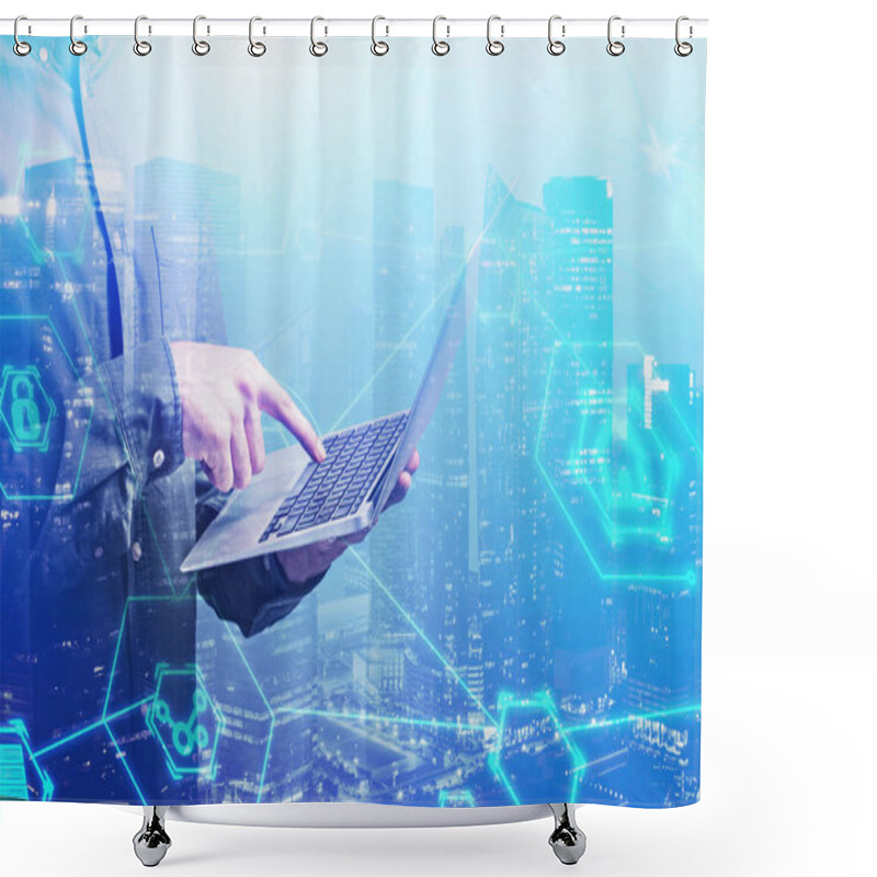 Personality  Man With Laptop In City, Online Shopping Shower Curtains