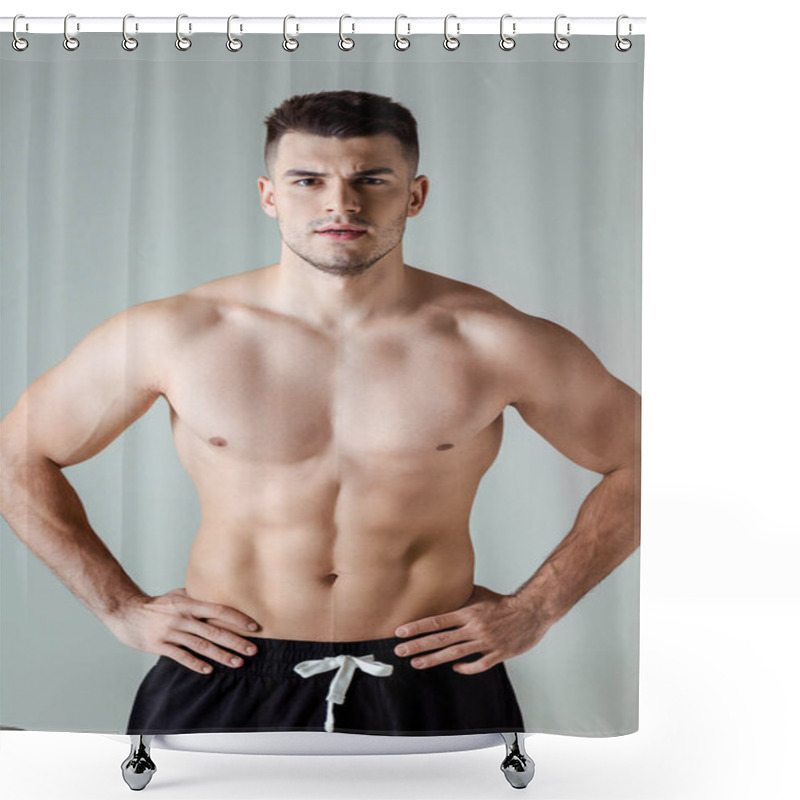 Personality  Sexy Muscular Bodybuilder With Bare Torso Posing With Hands On Hips Isolated On Grey Shower Curtains