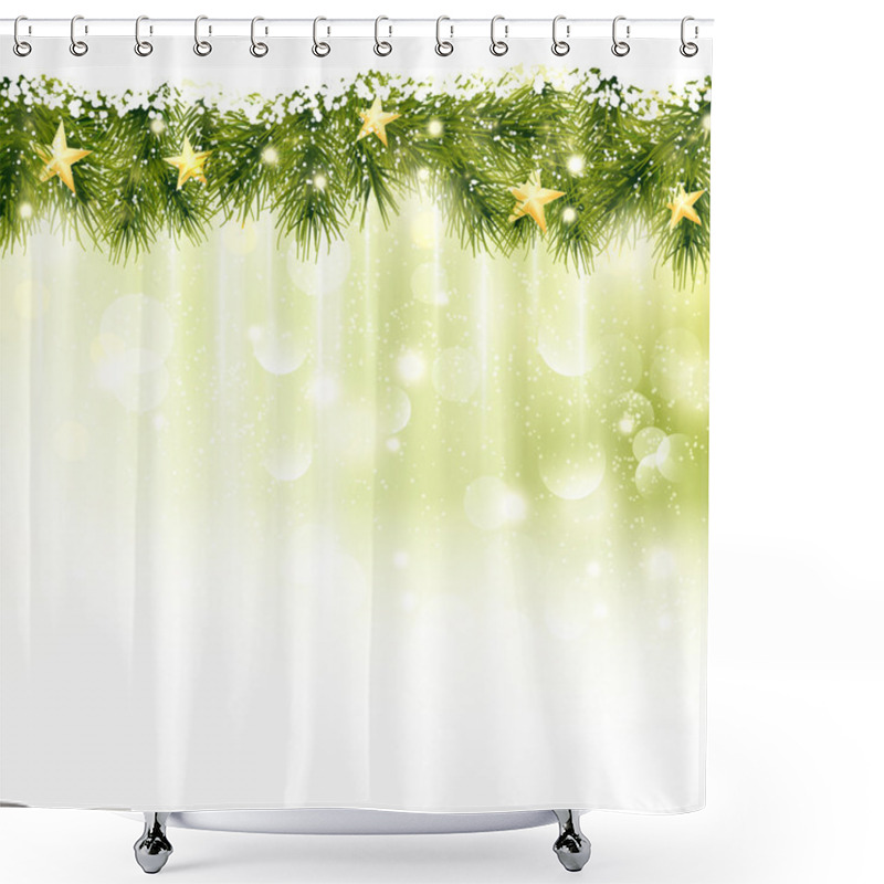 Personality  Border Of Fir Twigs With Golden Stars In Soft Light Green Background Shower Curtains